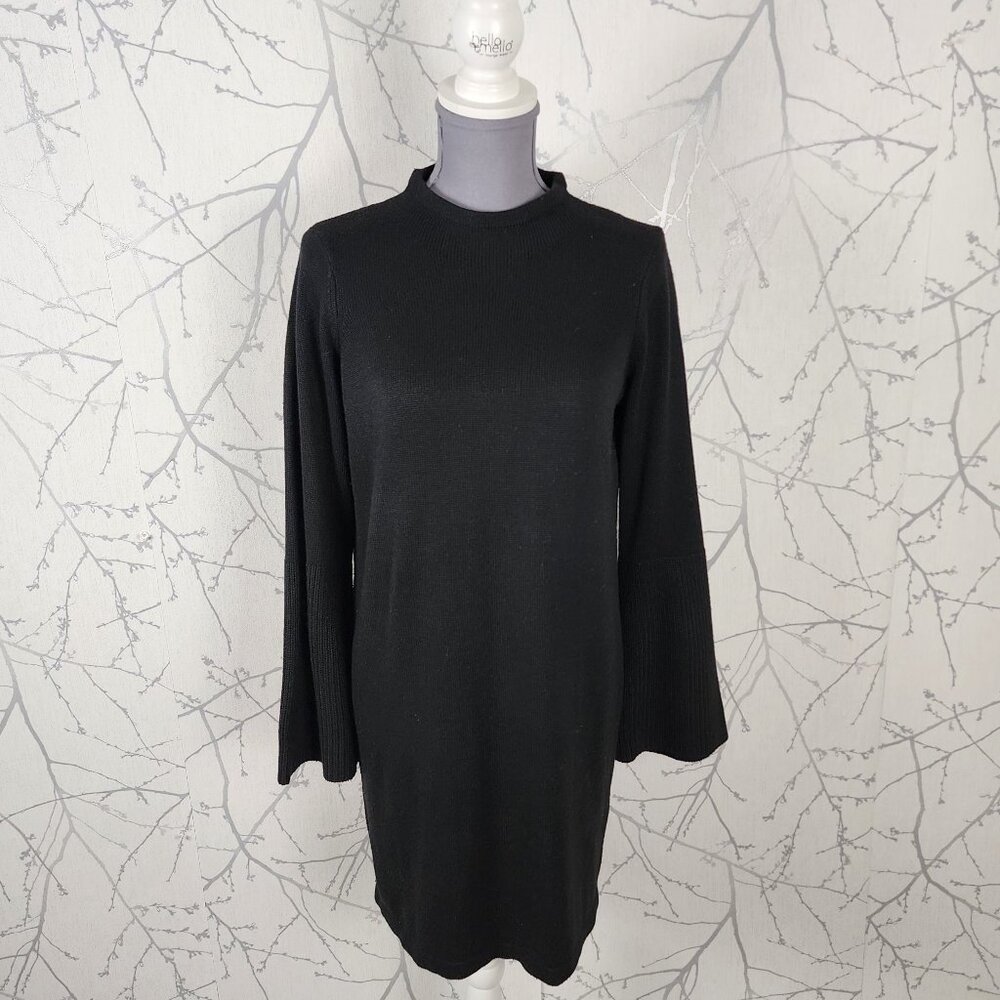 Oak + Fort Black Knit Mockneck Sweater Dress w/ Flare Sleeves